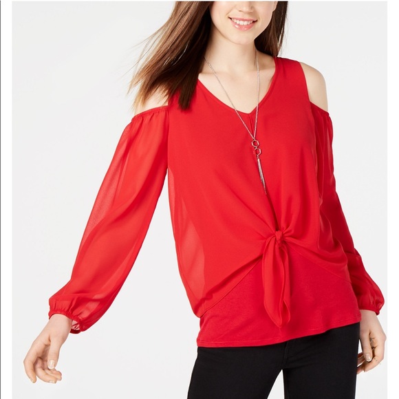 BCX Tops - BCX Juniors’ Cold-Shoulder Tie-Front Top